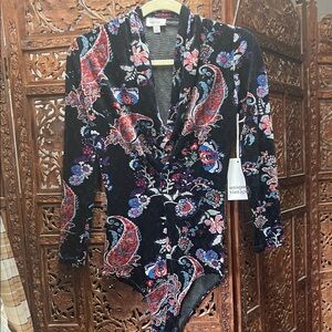 Unique Vintage Black Bodysuit with Red and Blue Paisley